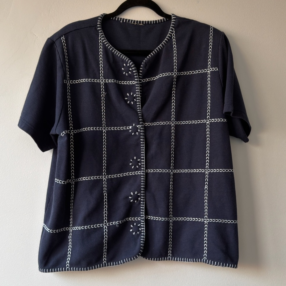 Vintage Like‎ Navy Whipstitch Grid Short Sleeve Cardigan Knit Top Button Front